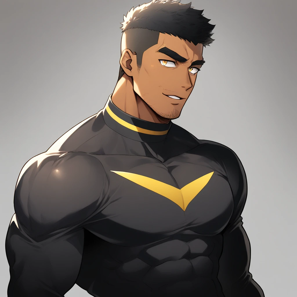 anime characters:Tights superhero, Muscle superhero, negro black skin, 1 dark skin muscular tough guy, Manliness, male focus, Yellow and black striped high collar long sleeve tight T-shirt, Slightly transparent material, Very tight, Round, full and perky chest muscles, Slightly transparent, muscular male, muscular, only, Upper body, alone, Black short hair, Thick eyebrows, stubble, Yellow eyes, Grey background, simple background, amazing quality, best aesthetics, Ridiculous, bright pupils, crew cut, parted lips, seductive smile, torogao, naughty face, drop shadow, best quality