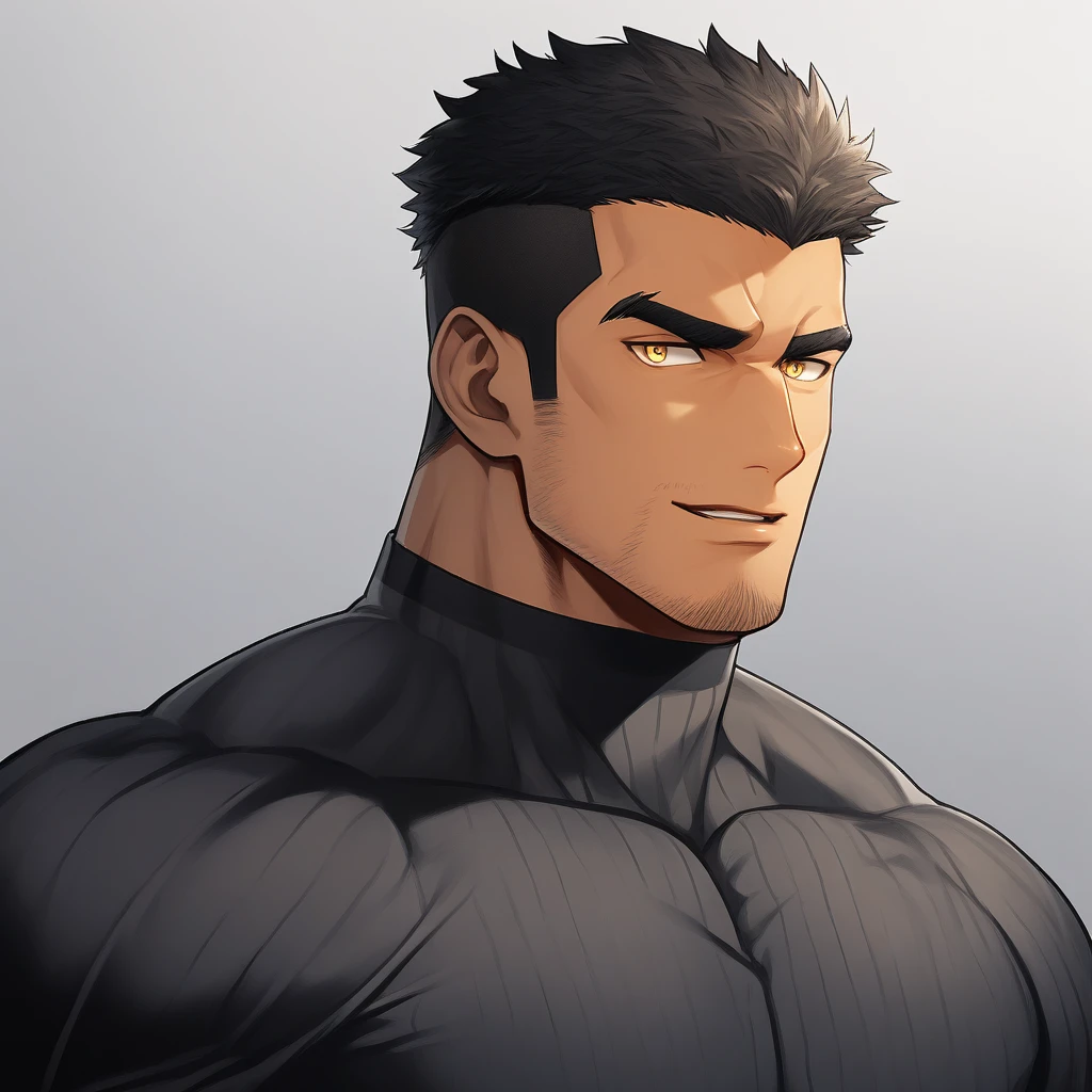 anime characters:Tights superhero, Muscle superhero, negro black skin, 1 dark skin muscular tough guy, Manliness, male focus, Yellow and black striped high collar long sleeve tight T-shirt, Slightly transparent material, Very tight, Round, full and perky chest muscles, Slightly transparent, muscular male, muscular, only, Upper body, alone, Black short hair, Thick eyebrows, stubble, Yellow eyes, Grey background, simple background, amazing quality, best aesthetics, Ridiculous, bright pupils, crew cut, parted lips, seductive smile, torogao, naughty face, drop shadow, best quality