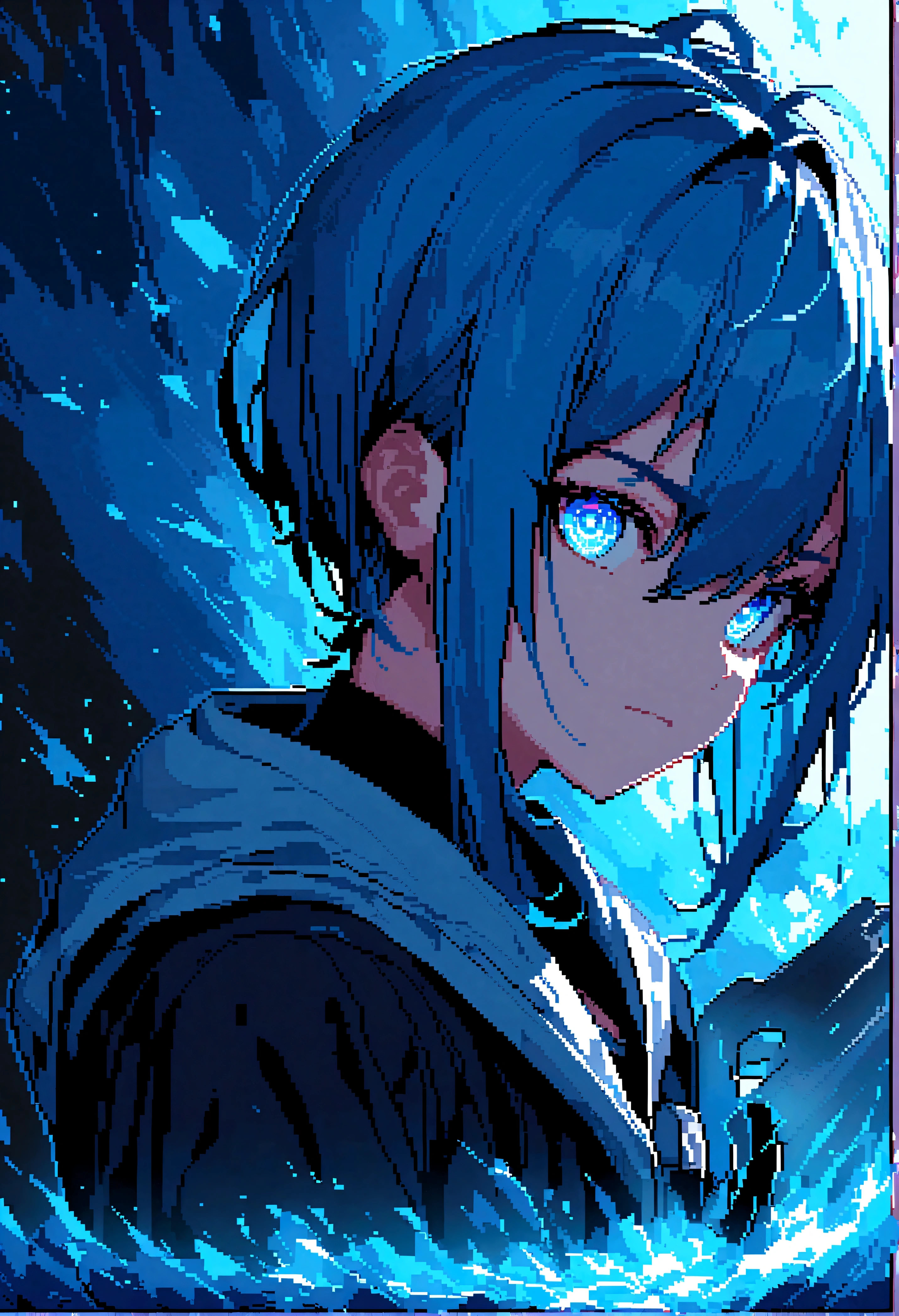 score_9、score_8_up、score_7_up、Expressiveh、d3p1x3l、Pixel Art、Super detailed、1 person、Grimmjow、Blue Hair、blue eyes、white cropped jacket、Black Shirt、Black pants、White belt、See who's watching、landscape、Close-up、、Glowing Eyes、blue energy、Blue aura、