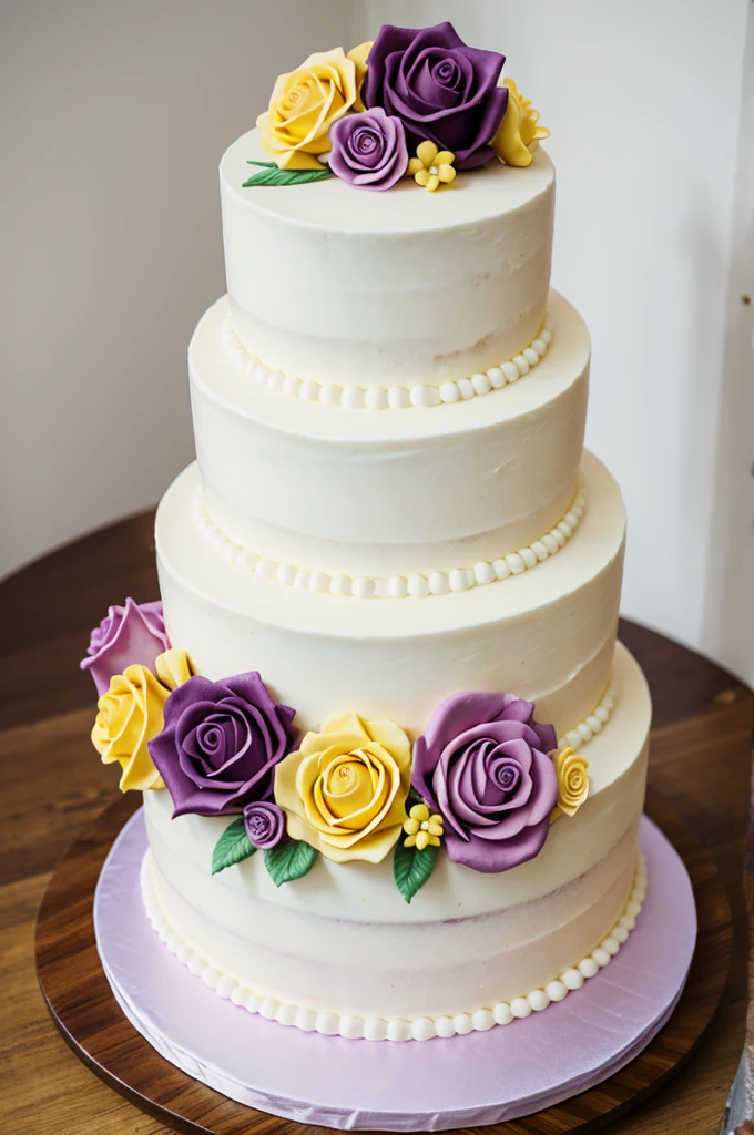 Wedding cake with yellow, pink, and purple gum paste rose flowers