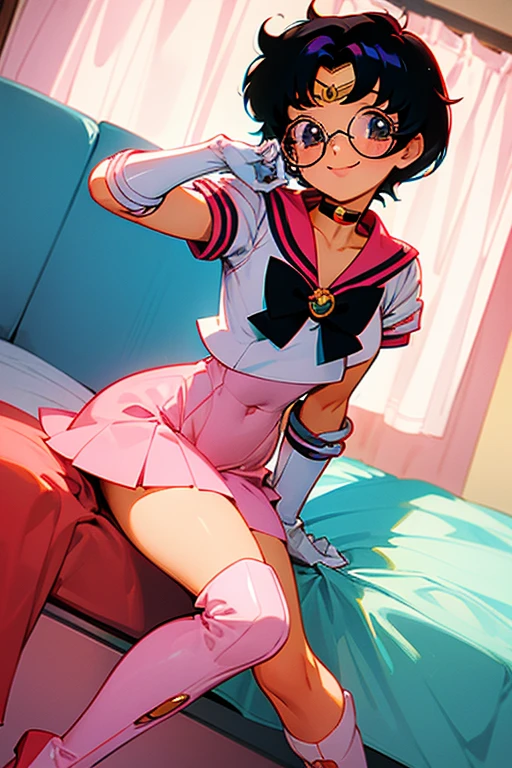 A chubby girl with black hair, freckles and glasses, dressed as Sailor Mars, wearing white gloves and red high heels, smiling gently in her room.