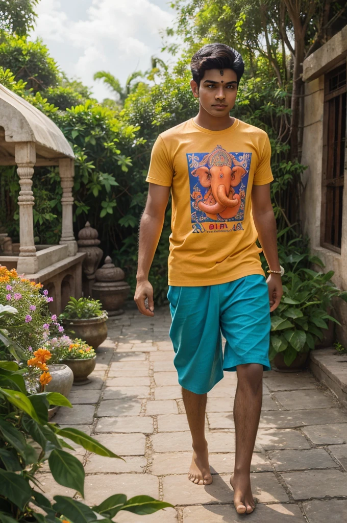20 year old boy walking and holding hand with Lord Ganesha, boy is bare feet wearing saffron T-shirt with name "bablu" written boldly, environment is gorgeous, background is garden, both are in focus, ultra clear, hyper detailed image, Boy and Ganesh ji looking straight.
