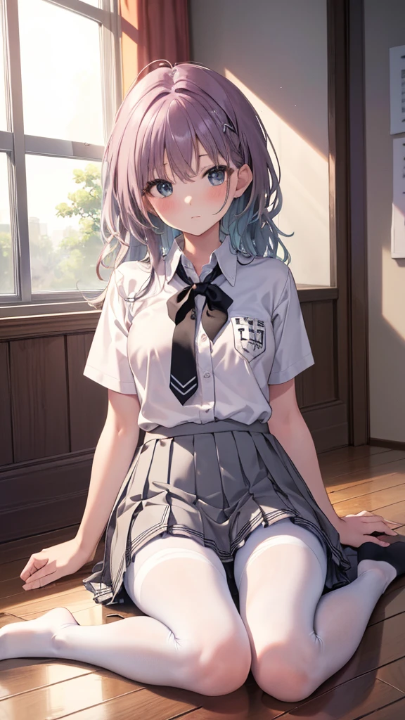 Highest quality, masterpiece, High resolution, (Head to Toe full body), front, frontやや下からの構図, Symmetric, Tall 18 year old girl, alone, (Head to Toe), (Small breasts), disheveled brown hair, bangs, (black tights), (Black Pantyhose), (Sit with your legs apart), (Crouching pose), (Composition showing white panties), (She has her legs spread and her white panties are visible.), (Sit on the floor with your legs spread), (M-shaped foot), Thin legs, とても美しくTall 18 year old girl, (No shoes), blush, Shy big eyes, Looking into the camera, Blazer uniform, Checkered Pleated Skirt、Toru Asakura