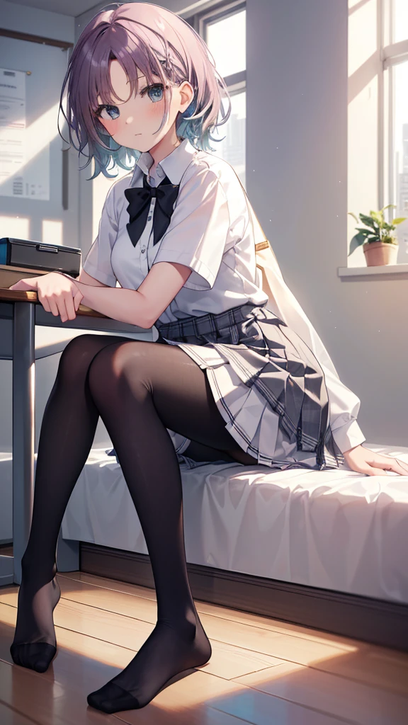 (8K、Best image quality、Highest quality、masterpiece)、One tall girl、((whole body))、Sit on the floor with your legs spread、White panties are visible、Long Hair、Wavy Hair、blush、Medium Bust、White collared shirt、Short sleeve、((Checkered pleated mini skirt))、Classroom Background、((black tights))、Black Pantyhose、((No shoes))