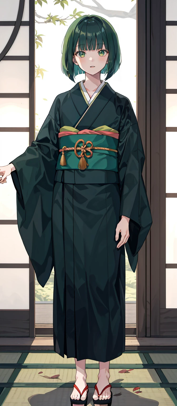 1 boy, 24 years old, full body, blunt bangs, Bob cut, dark green hair, kimono, Haori,
