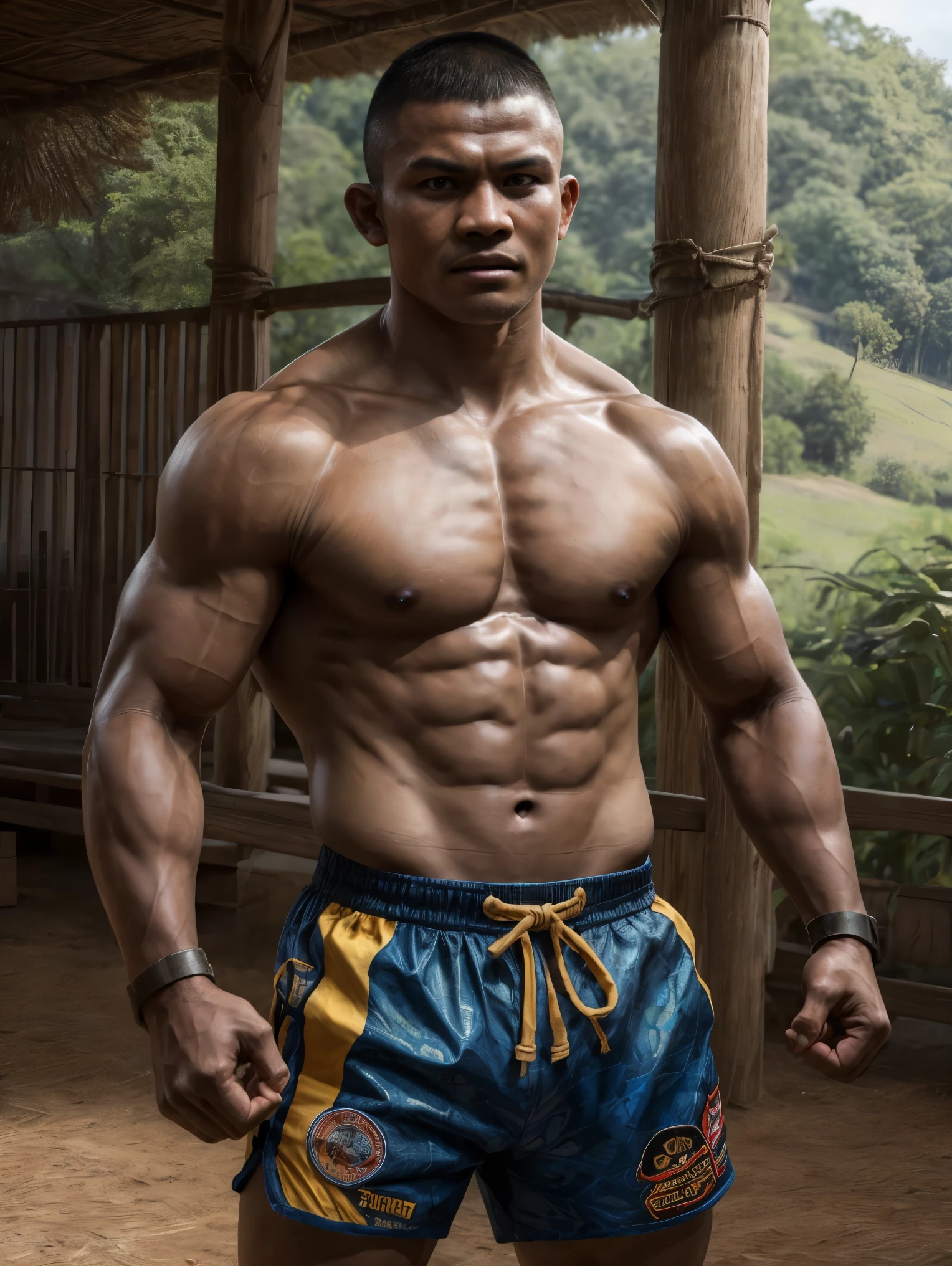 (masterpiece, best quality:1.2), ultra realistic, realistic, unreal engine 5, anatomically correct, textured skin, super detail, high details, detailed eyes, detailed face, best quality, 8k, black eyes, male focus, solo, buakaw, very dark skin, dark-skinned male, topless male, muscular, bara, abs, large pectorals, buzz cut, manly, heroic muay thai, fighting stance, pose, topless male, golden shorts, clenched hands, northern field, windmill,