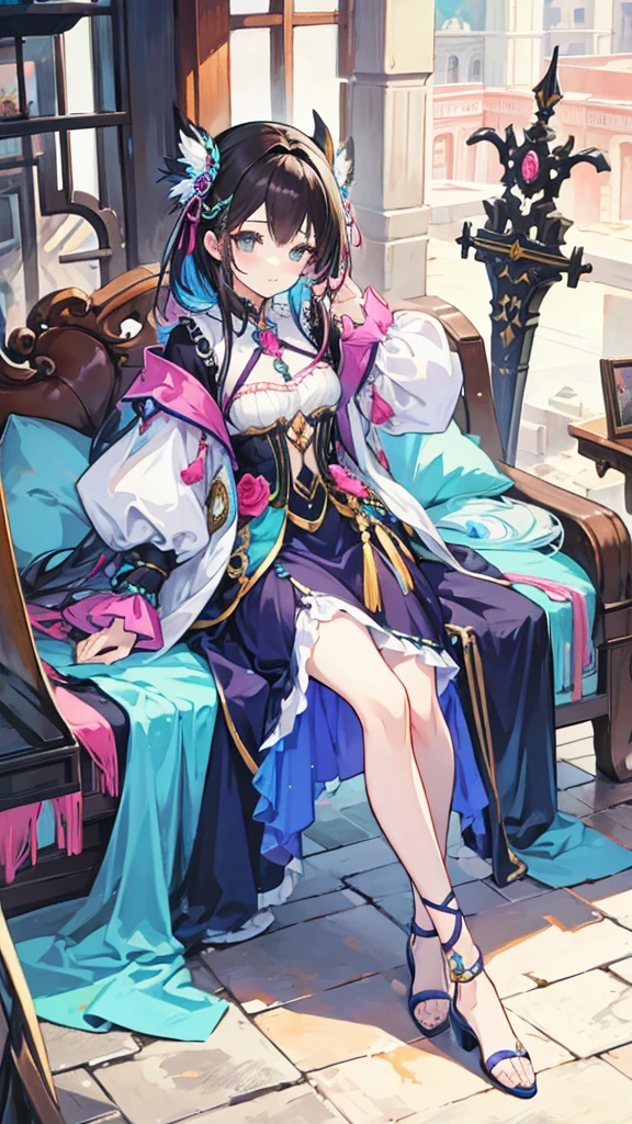fantasy world girl with colorful hair, accessories, detailed clothes, dark hair