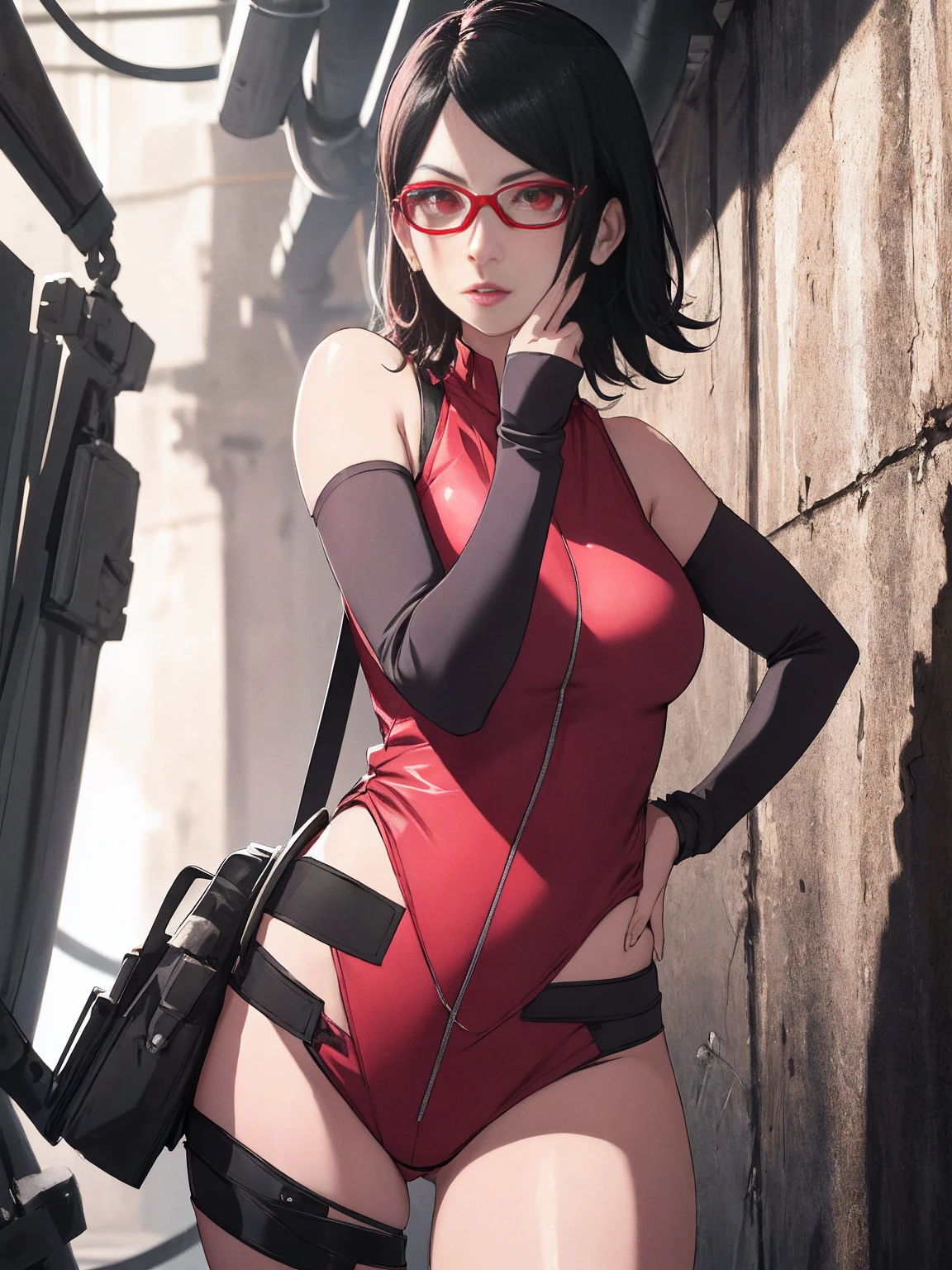 1girl, solo, black hair, short hair, Red eyes, frameless glasses, closeup shot,, detailed art. Curved hips, Thick thighs,, bare shoulders, scary basement background,, facing viewer, hands on hips, shiny hair, sexy hips. Dark pink painted lips, wet skin,  (extremely detailed face), behind, 8K resolution, super detailed, high quality, heart shaped lips.  K-pop pose