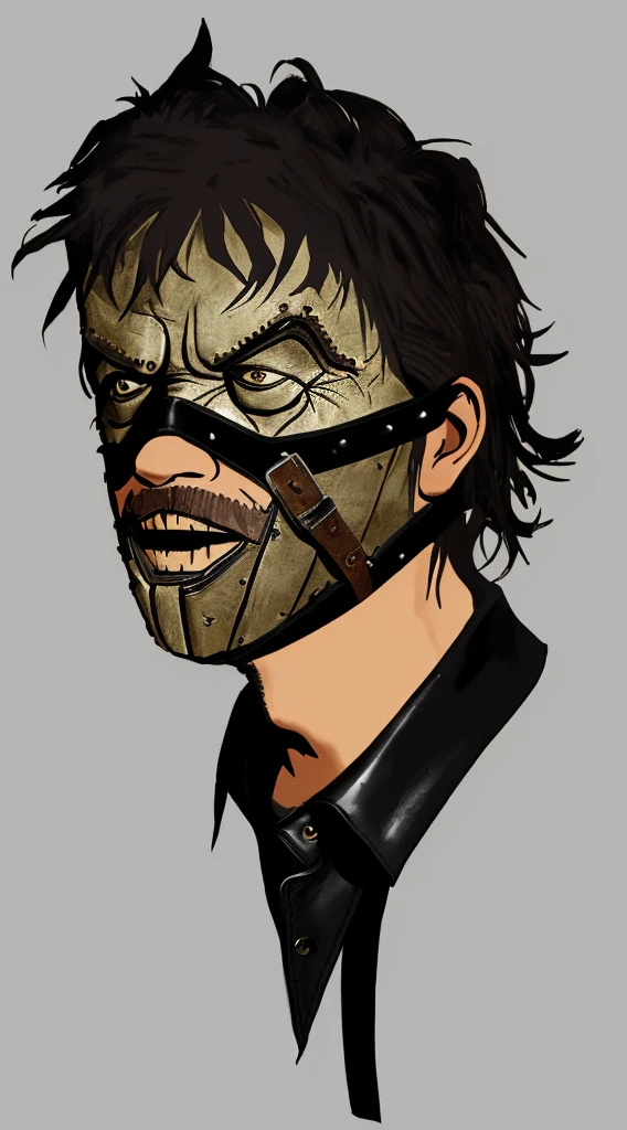 A realistic, detailed leather mask inspired by Leatherface from The Texas Chainsaw Massacre, isolated on a plain background, showing only the mask with no character or face.