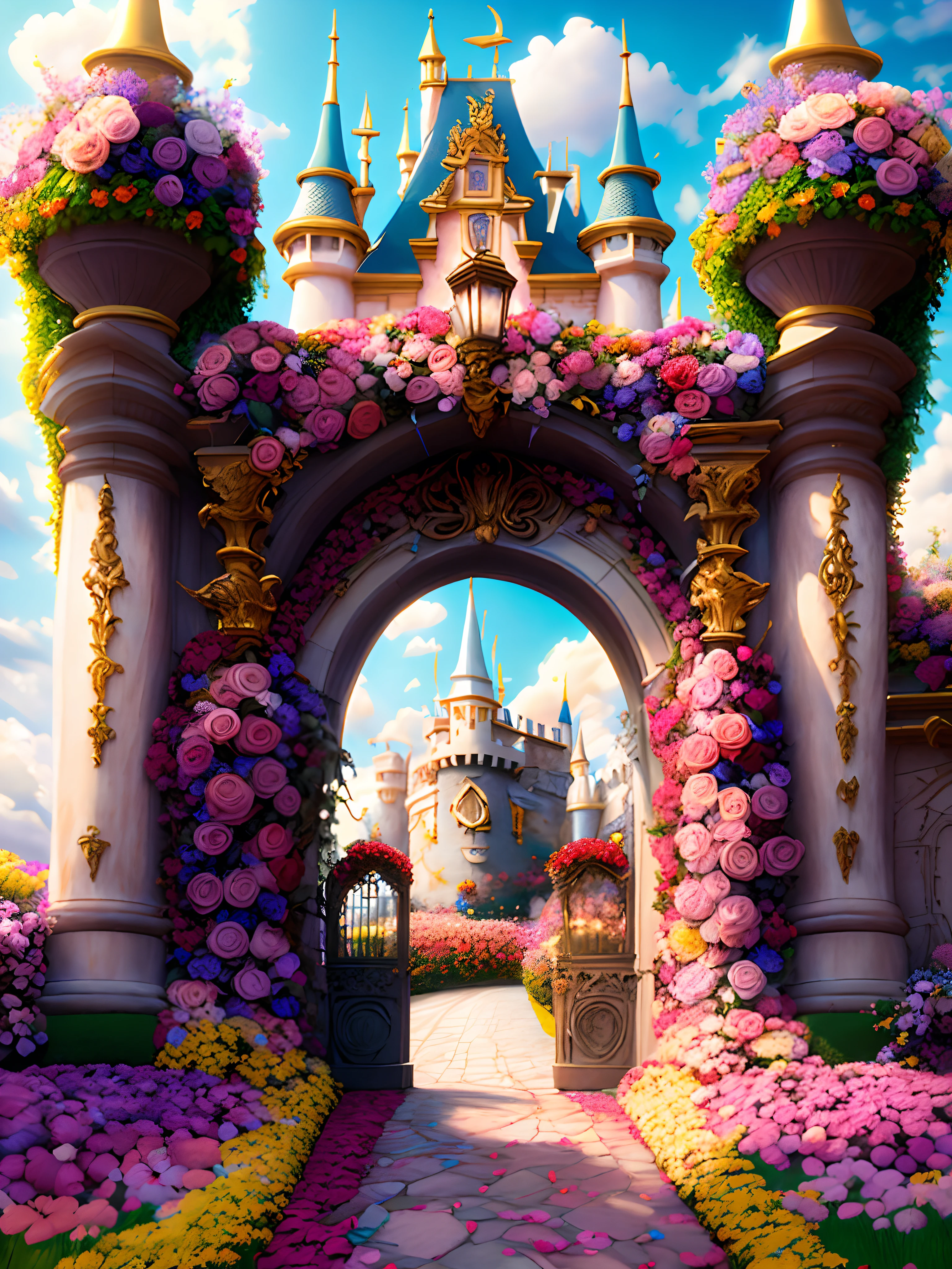 Photo (estilo flowergateway:1) The entrance to the castle is surrounded by flowers, disney