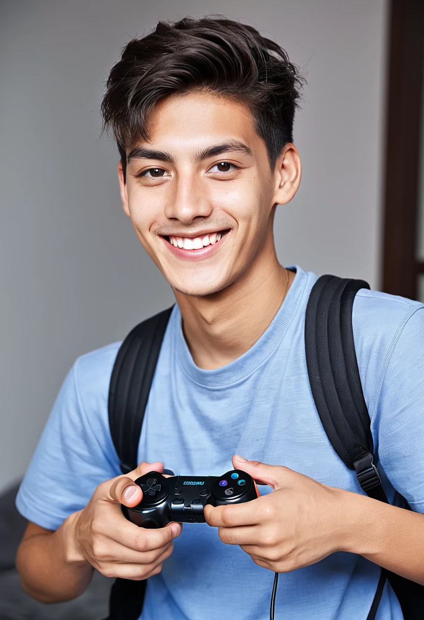 male youth university student A refreshing look holding a game controller in hand looking at the camera smile