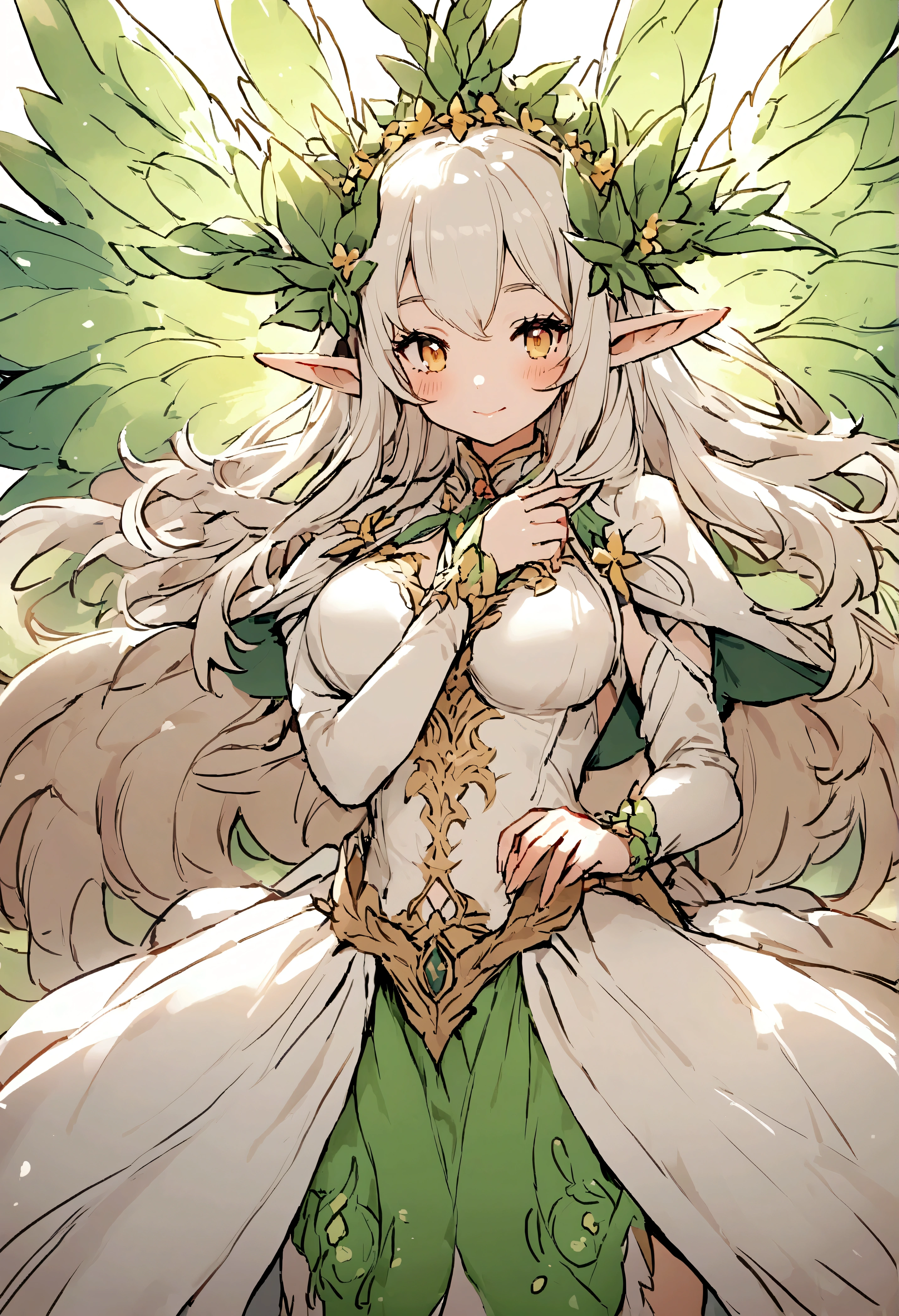 Anime girl with green eyes and white hair showing white panties with a dendro sign on them, Elf Girl, alluring elf princess knight, white haired deity, elf princess, rogue anime girl, elf girl wearing an flower suit, anime goddess, elf queen, (((the madhatter))) elf princess, elf queen, White shiny skin, cute anime waifu in a nice dress, elven character with smirk, underpants, Sexy,