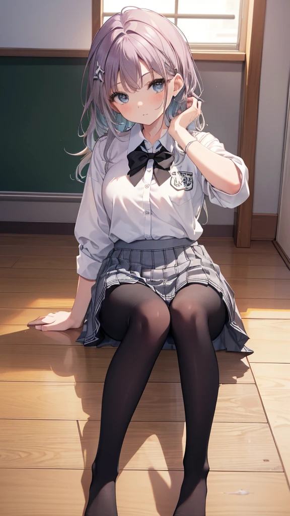 (8K、Best image quality、Highest quality、masterpiece)、One tall girl、((whole body))、Sit on the floor with your legs spread、White panties are visible、Long Hair、Wavy Hair、blush、Medium Bust、White collared shirt、Short sleeve、((Checkered pleated mini skirt))、Classroom Background、((black tights))、Black Pantyhose、((No shoes))