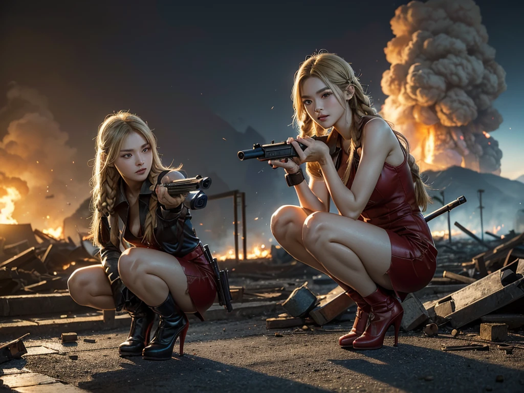 (Top quality,Ultra HD,lifelike: 1.4)(Cowboy Shooter 1),Beautiful armed girl, (K-Pop Idol) ,Detailed face,opposition,Perfect anatomy,Smooth skin,Professional lighting, (Wearing a red super short flame pattern aqua dress,Red high heels,blond,Close-up shot of a girl with two short braids squatting),Victory in battle,Smile of victory(background,Destroyed buildings,Fire, (Huge explosion) ) ,For the audience,Full body close-up, (Holding weapon, Holding rifle, Purposeing, Purpose:1.2), gun, H&k hk416, 马gun, Fire,