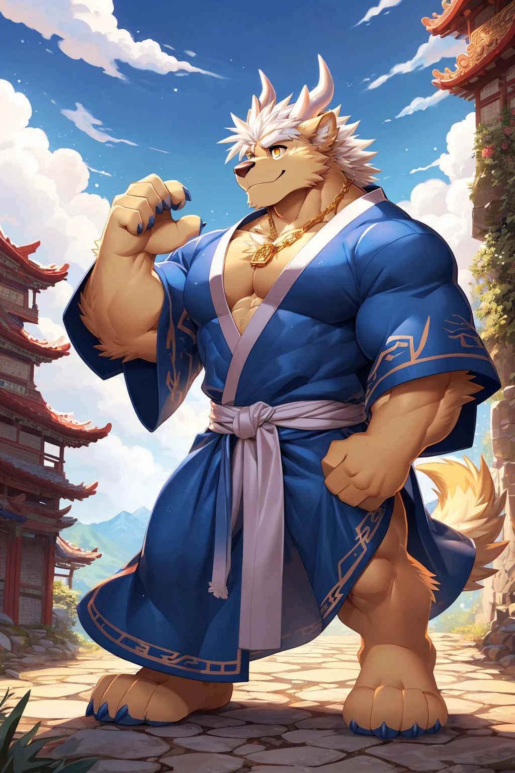 (sfw:1.5), male focus, Handsome 1boy, solitary, single,protrait photo, (White thick eyebrows:1.4), (Dark blue nails, Dark blue claws:1.3), Light golden skin, Light blond hair, (Pale golden tail:1.4), (perfect golden eyes:1.4), (Pale golden ears, Light golden body:1.3), (White horn, White curved corner:1.4), (White hair:1.4),
Kirin, feet, kirin, kirin boy, kirin body, (large eyes:1.4), (Kirin尾巴:1.4), (Chubby, The body is huge, Larger face:1.4), (Human feet:1.3), (Five fingers:1.4), (Four toes:1.4), (Bare neck:1.4),
(Hanfu:1.5), (宽松的Short-sleeved robe:1.4), (Dark blue robe, Dark blue robe, Short-sleeved robe, Short-sleeved robe:1.3), (Gold strap:1.3), (A golden jade pendant hangs around the waist:1.3), (Golden robe texture:1.3), (sparkling, Golden:1.2),
(full body:1.3), (Mature men:1.4), (Strong body, muscle,Strong male, muscle男:1.3), (Chest muscles:1.3), (Thick arms, Strong and strong legs, Strong legs:1.3), (look up, Standing:1.3), (Looking at the audience, Focus, Eyes gaze:1.2), (Smile:1.3),
full background, (ground, Blue sky, White Cloud, daytime:1.2), Mountain, Ancient buildings, outdoor,
Mysterious and romantic atmosphere, Caustic lines(refraction, polarization)Perfect anatomical structure, absurd, Detailed background, (Delicate eyes:1.3), Printing style。((artist:Takemoto Arashi))