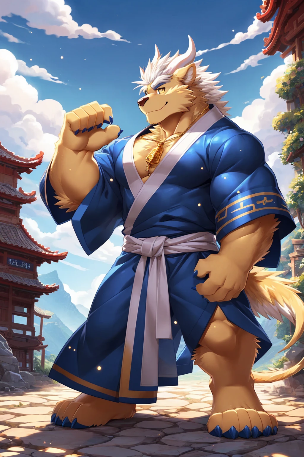 (sfw:1.5), male focus, Handsome 1boy, solitary, single,protrait photo, (White thick eyebrows:1.4), (Dark blue nails, Dark blue claws:1.3), Light golden skin, Light blond hair, (Pale golden tail:1.4), (perfect golden eyes:1.4), (Pale golden ears, Light golden body:1.3), (White horn, White curved corner:1.4), (White hair:1.4),
Kirin, feet, kirin, kirin boy, kirin body, (large eyes:1.4), (Kirin尾巴:1.4), (Chubby, The body is huge, Larger face:1.4), (Human feet:1.3), (Five fingers:1.4), (Four toes:1.4), (Bare neck:1.4),
(Hanfu:1.5), (宽松的Short-sleeved robe:1.4), (Dark blue robe, Dark blue robe, Short-sleeved robe, Short-sleeved robe:1.3), (Gold strap:1.3), (A golden jade pendant hangs around the waist:1.3), (Golden robe texture:1.3), (sparkling, Golden:1.2),
(full body:1.3), (Mature men:1.4), (Strong body, muscle,Strong male, muscle男:1.3), (Chest muscles:1.3), (Thick arms, Strong and strong legs, Strong legs:1.3), (look up, Standing:1.3), (Looking at the audience, Focus, Eyes gaze:1.2), (Smile:1.3),
full background, (ground, Blue sky, White Cloud, daytime:1.2), Mountain, Ancient buildings, outdoor,
Mysterious and romantic atmosphere, Caustic lines(refraction, polarization)Perfect anatomical structure, absurd, Detailed background, (Delicate eyes:1.3), Printing style。((artist:Takemoto Arashi))