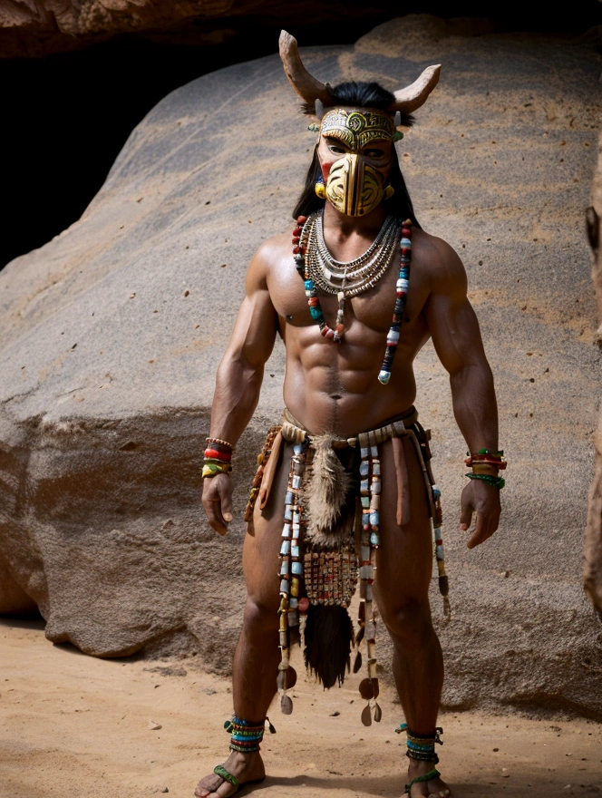 muscular man, boar head, mask, tribal clothing, loincloth, beads necklace, standing, cave background, rugged, realistic, full body
