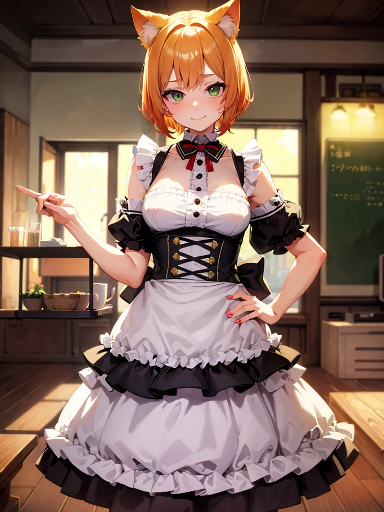 1short girl, loli, maid outfit, golden blonde short hair, red hair clip, green emerald eyes, cat ear, neko mimi, cute sweet smile, very very anime style, best quality, 4k, 8k, highres, masterpiece:1.2, ultra-detailed, HDR, UHD, studio lighting, ultra-fine painting, sharp focus, physically-based rendering, extreme detail description, professional, vivid colors, bokeh,