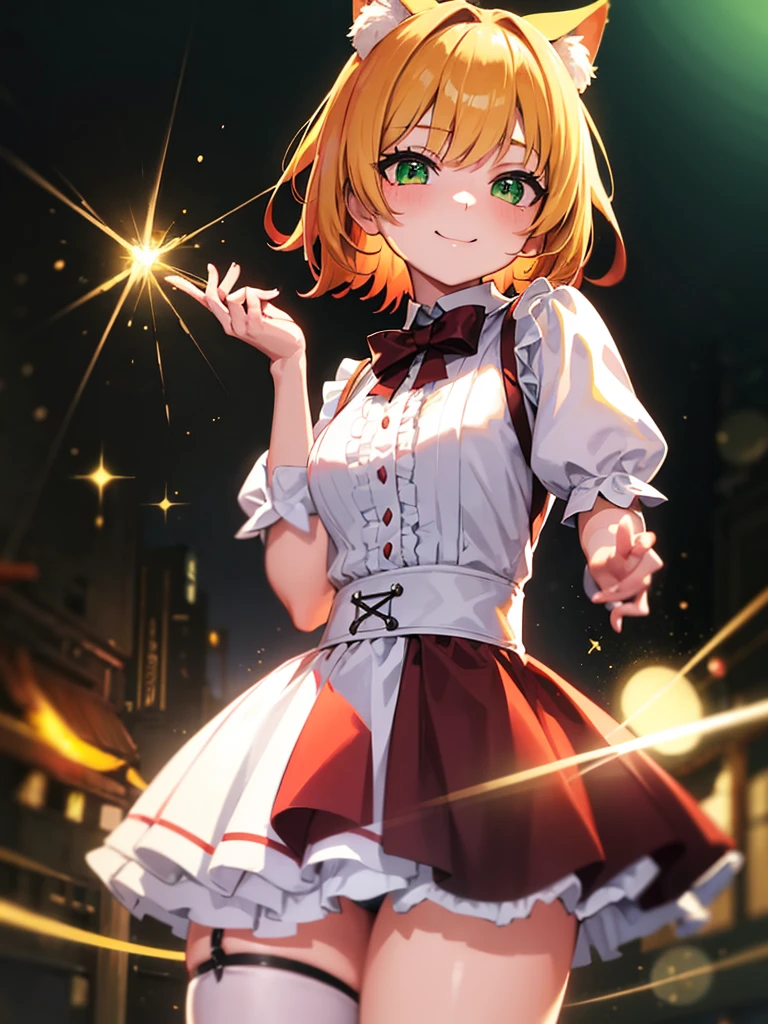 1short girl, loli, maid outfit, golden blonde short hair, red hair clip, green emerald eyes, cat ear, neko mimi, cute sweet smile, very very anime style, best quality, 4k, 8k, highres, masterpiece:1.2, ultra-detailed, HDR, UHD, studio lighting, ultra-fine painting, sharp focus, physically-based rendering, extreme detail description, professional, vivid colors, bokeh,