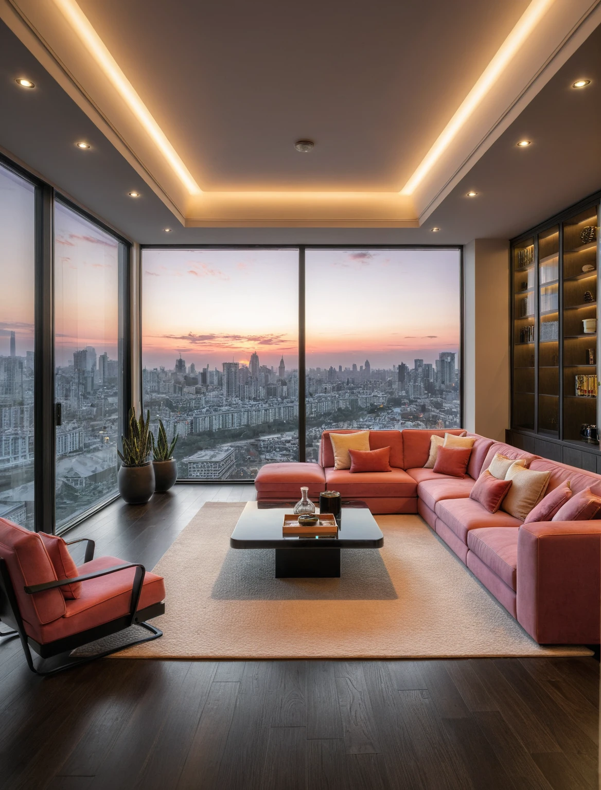 Raw photo,Masterpiece, high quality, best quality, authentic, super detail, interior, livingroom style modern, sunset, evening light, sofa, tea table, carpet, flower vase on tea table, wine bottle, tray, armchair, wine cabinet, books, glass cabinet doors, snake plant pot, downlight, windows overlooking the evening city, (((black and pink tones))), black wooden floor,