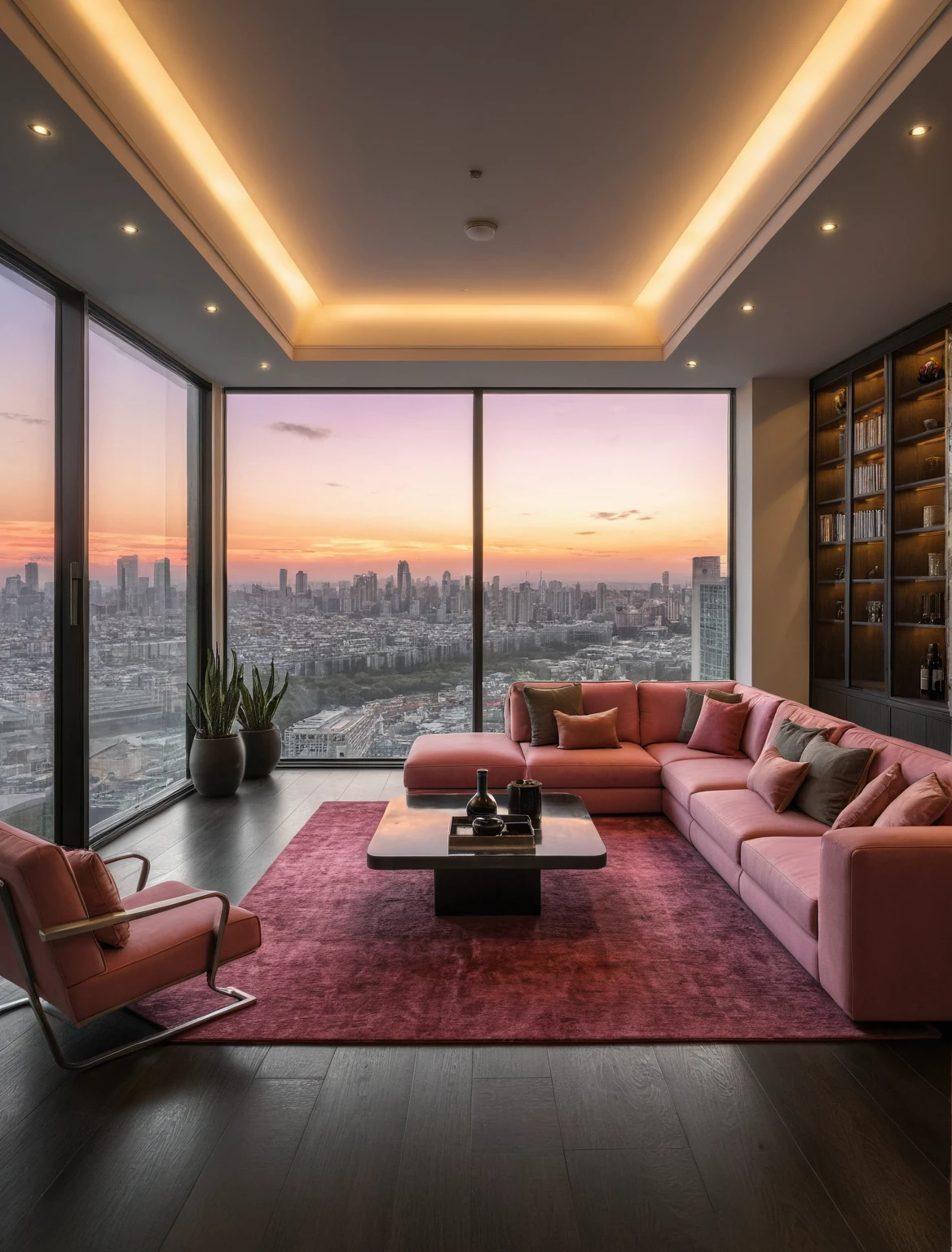 Raw photo,Masterpiece, high quality, best quality, authentic, super detail, interior, livingroom style modern, sunset, evening light, sofa, tea table, carpet, flower vase on tea table, wine bottle, tray, armchair, wine cabinet, books, glass cabinet doors, snake plant pot, downlight, windows overlooking the evening city, (((black and pink tones))), black wooden floor,