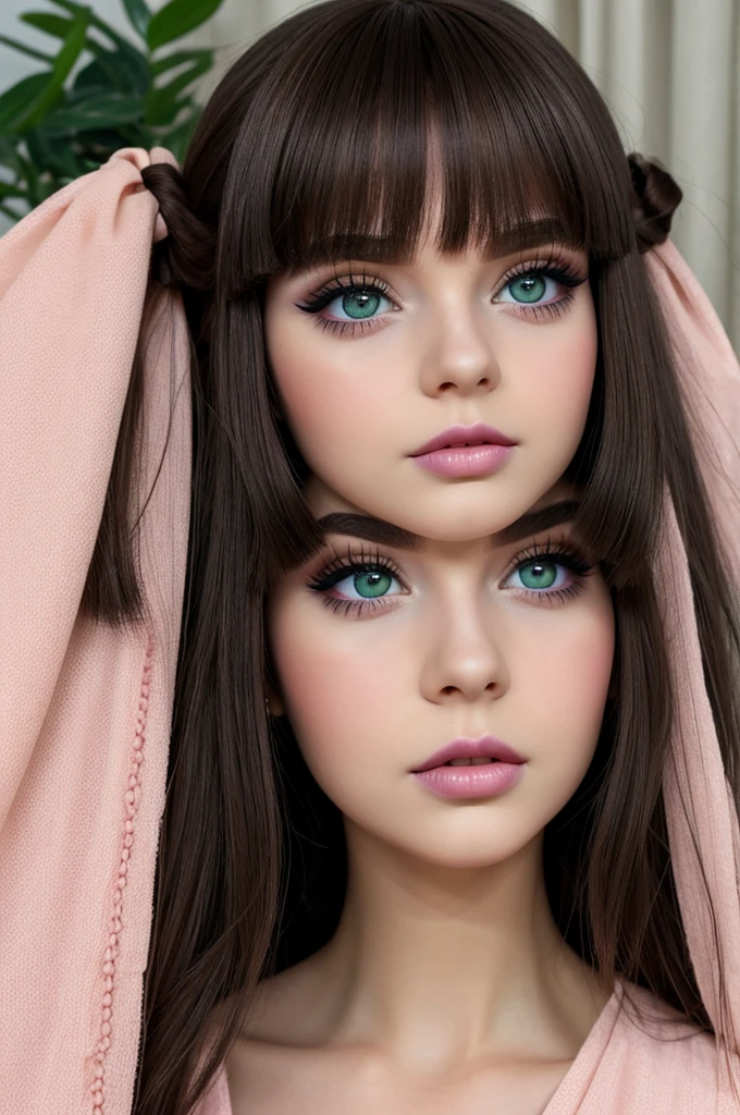 blythe dolll medium dark brown hair with curtain bangs, big green eyes and very long eyelashes, White skin, pink lips, baddie makeup