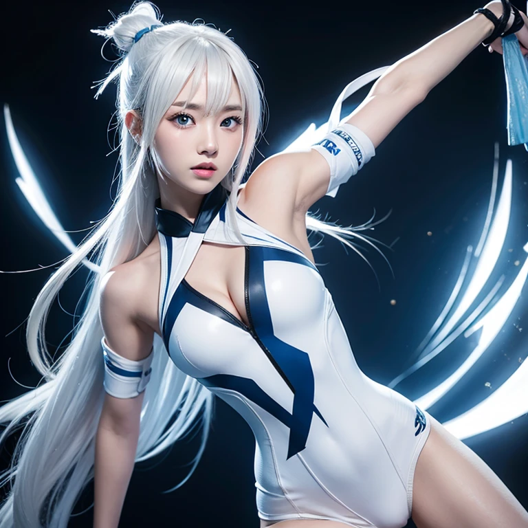 Korean girl, white long hair with bangs, icy blue eyes, white skin, white skimpy ninja suit, video game style, mortal kombat style