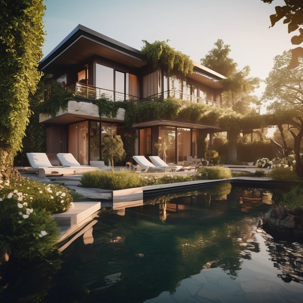 cinematic epic realistic photo,  cinematic photo  (concept archviz villa:1.2) design, modern rustical house, pond in the garden outside,  elaborate terrace,  texture cracked dry treebark (cracked wood style room ) design, lush flowers, green trees with intertwined roots, . 35mm photograph, film, bokeh, professional, 4k, highly detailed, photorealism, golden hour, Crewson style shadowing, 8k resolution, analog color kodak, film grain, neutral colors,