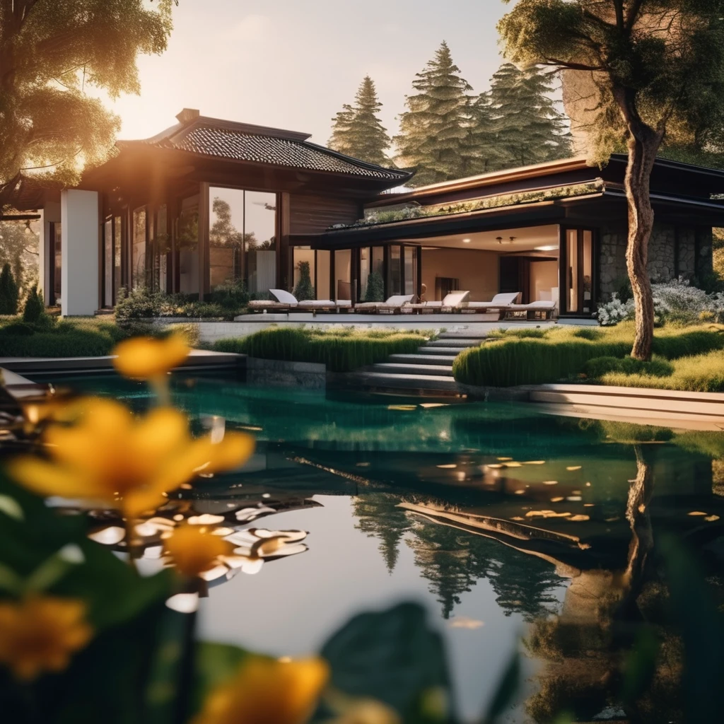 cinematic epic realistic photo,  cinematic photo  (concept archviz villa:1.2) design, modern rustical house, pond in the garden outside,  elaborate terrace,  texture cracked dry treebark (cracked wood style room ) design, lush flowers, green trees with intertwined roots, . 35mm photograph, film, bokeh, professional, 4k, highly detailed, photorealism, golden hour, Crewson style shadowing, 8k resolution, analog color kodak, film grain, neutral colors,