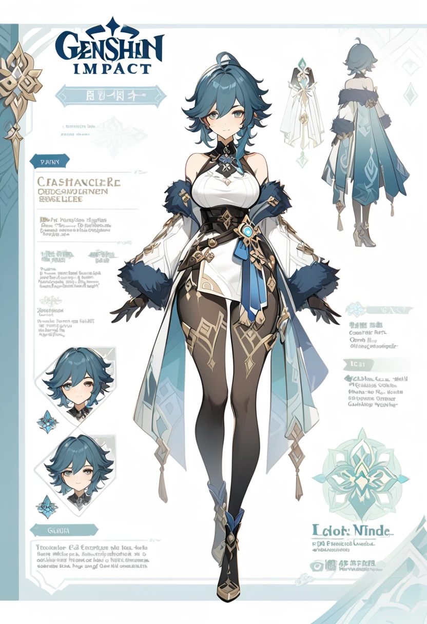 Genshin impact, genshin impact outfit, large breast, standing, character sheet, white backgound, bare shoulders, fur mantle,