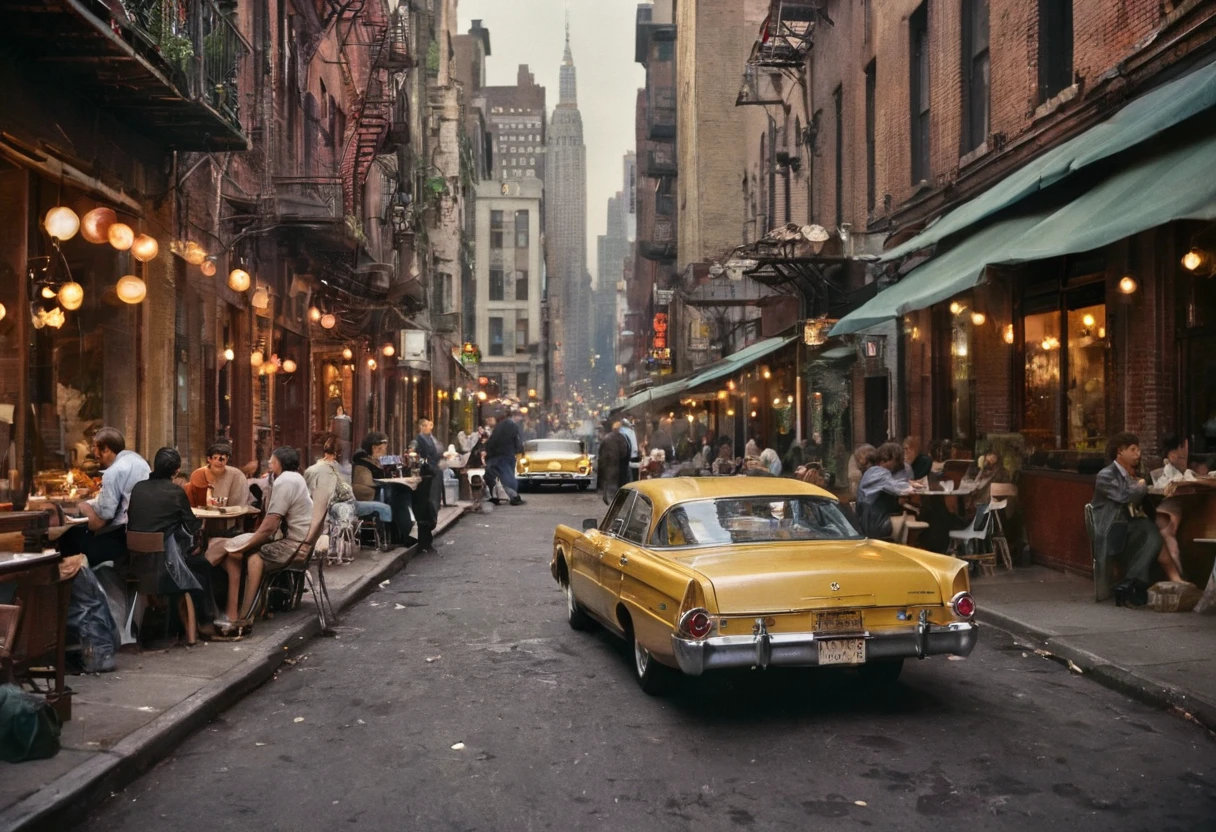 A stunning and atmospheric 1970's New York street cafe captured in a nostalgic and cinematic style, reminiscent of the golden age of film photography. This vintage scene showcases the bustling urban life, with patrons enjoying their coffee at outdoor tables, surrounded by moving classic automobiles and retro architecture. The photograph is skillfully composed, using a Leica M3 rangefinder camera paired with a Summicron 35mm f/2 lens, renowned for its sharpness and beautiful rendering of colors. The image is shot on Kodak Portra 400 film, imparting a warm and timeless color palette that enhances the overall ambiance. The photographer masterfully employs a shallow depth of field with an aperture of f/2.8, isolating the cafe and its patrons from the bustling city background. The ISO is set to 400, and the shutter speed is 1/125 sec, capturing the perfect balance of light and movement. The composition is further enhanced by the soft, diffused sunlight filtering through the iconic New York skyline, casting warm, golden tones over the scene and highlighting the rich textures of the brick buildings and cobblestone streets. --ar 3:2 --q 2
