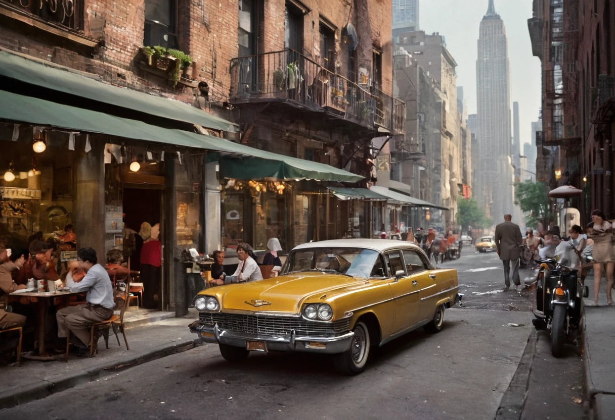 A stunning and atmospheric 1970's New York street cafe captured in a nostalgic and cinematic style, reminiscent of the golden age of film photography. This vintage scene showcases the bustling urban life, with patrons enjoying their coffee at outdoor tables, surrounded by moving classic automobiles and retro architecture. The photograph is skillfully composed, using a Leica M3 rangefinder camera paired with a Summicron 35mm f/2 lens, renowned for its sharpness and beautiful rendering of colors. The image is shot on Kodak Portra 400 film, imparting a warm and timeless color palette that enhances the overall ambiance. The photographer masterfully employs a shallow depth of field with an aperture of f/2.8, isolating the cafe and its patrons from the bustling city background. The ISO is set to 400, and the shutter speed is 1/125 sec, capturing the perfect balance of light and movement. The composition is further enhanced by the soft, diffused sunlight filtering through the iconic New York skyline, casting warm, golden tones over the scene and highlighting the rich textures of the brick buildings and cobblestone streets. --ar 3:2 --q 2