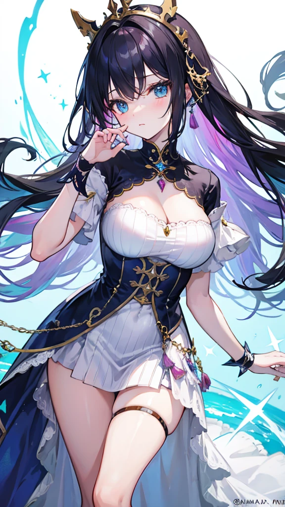 fantasy world girl with colorful hair, accessories, detailed clothes, dark hair