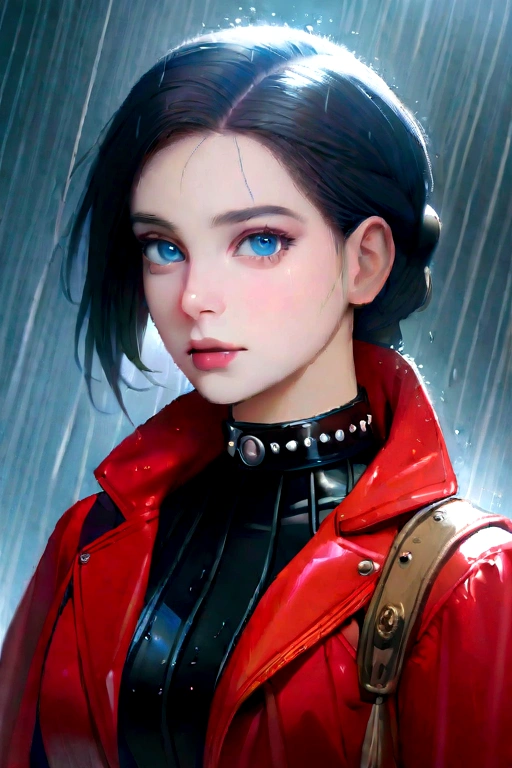 claireredfieldr, 1 girl, Alone, jewelry, black fur, rain, Blue eyes, red Jacket, Jacket, collar, wide, braid, realist, Upper part of the body, old, Chapped lips, looking at the viewer
