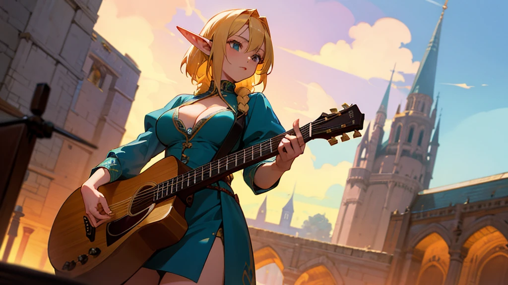 Anime Style,Nostalgic,Detailed background,The medieval world,A lively bar with lots of people,Beautiful sky,Beautiful Elf Bard,guitar,Big cleavage,Healthy thighs