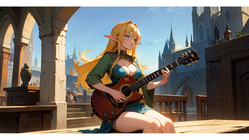 Anime Style,Nostalgic,Detailed background,The medieval world,A lively bar with lots of people,Beautiful sky,Beautiful Elf Bard,guitar,Big cleavage,Healthy thighs