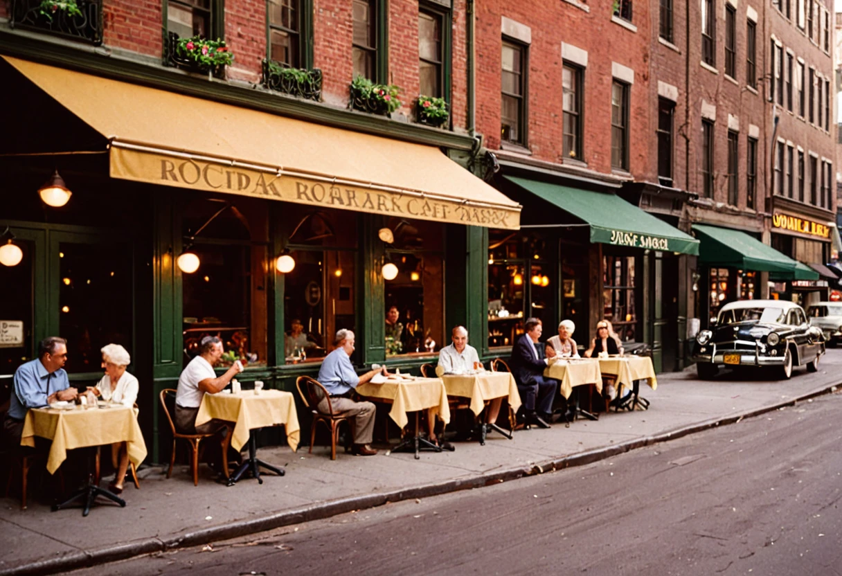 A stunning and atmospheric 1970's New York street cafe captured in a nostalgic and cinematic style, reminiscent of the golden age of film photography. This vintage scene showcases the bustling urban life, with patrons enjoying their coffee at outdoor tables, surrounded by moving classic automobiles and retro architecture. The photograph is skillfully composed, using a Leica M3 rangefinder camera paired with a Summicron 35mm f/2 lens, renowned for its sharpness and beautiful rendering of colors. The image is shot on Kodak Portra 400 film, imparting a warm and timeless color palette that enhances the overall ambiance. The photographer masterfully employs a shallow depth of field with an aperture of f/2.8, isolating the cafe and its patrons from the bustling city background. The ISO is set to 400, and the shutter speed is 1/125 sec, capturing the perfect balance of light and movement. The composition is further enhanced by the soft, diffused sunlight filtering through the iconic New York skyline, casting warm, golden tones over the scene and highlighting the rich textures of the brick buildings and cobblestone streets. --ar 3:2 --q 2