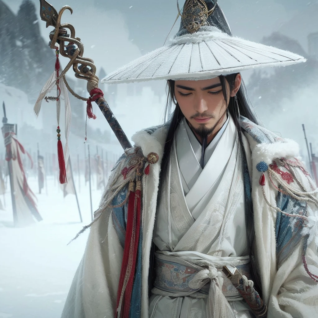 (Masterpiece:1.2), (Best Quality:1.2), (high resolution:1.2), (beautiful face and eye:1.2), (sharpest focus:1.2), (Ultra-realistic Photo:1.2), (Ultra-precise Photo:1.2), (Depth of field:1.2), (perfect anatomy:1.2), (nice hands:1.2),
(perfect hands:1.2), (five fingers:1.2), (Young, fearless, beautiful, shady Chinese man:1.0), (Lonely Chinese warrior with spear:1.0), (Neatly trimmed short beard and tied hair:1.0), (Blazing Chinese period drama style fortress:1.0),
(long spear with serpentine blade and ornate decoration:1.0), (white tsubakuhiro cap and cloak:1.0), (white armor with red, blue, and yellow coloring:1.0), (snowstorm:1.0), (melancholy expression:1.0), (picturesque standing figure:1.0),
