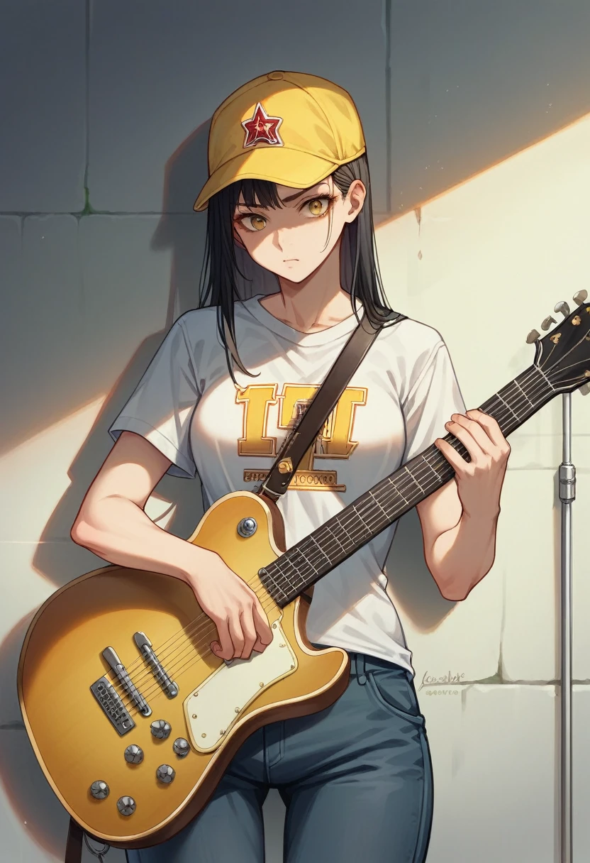 ((Highest quality)), ((masterpiece)), (detailed), A female vocalist of a girl band, a black-haired girl playing an electric guitar、Revolution Yellow Fukuoka SoftBank Hawks baseball cap 、Wearing a revolution yellow Fukuoka SoftBank Hawks baseball shirt、rock、sing