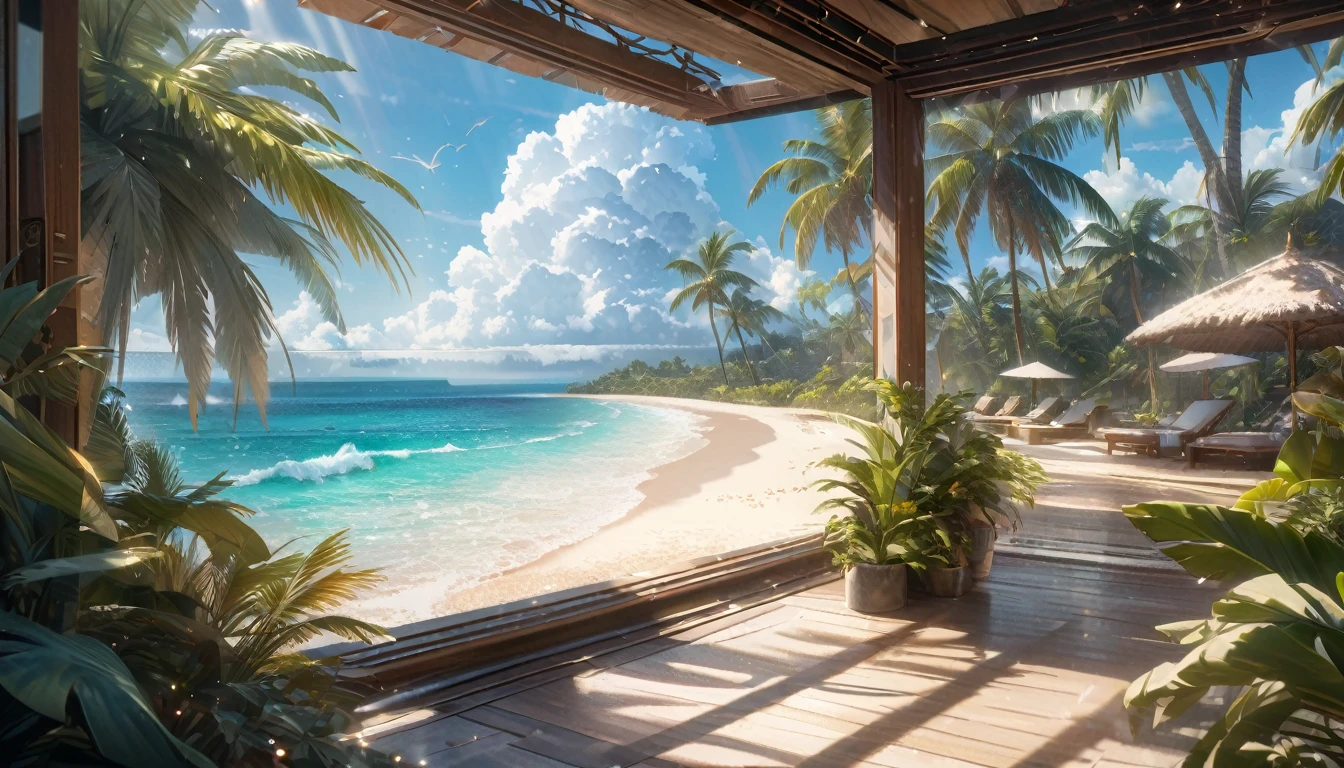 Tropical coast, A wide sea with a visible horizon,A clear sky with cumulonimbus clouds,Palm tree,Blur the background,Pleasant sea breeze,Glitter effect,Highest quality, 8K, High resolution, masterpiece:1.2, Very detailed, Realistic:1.37, High resolution, 超High resolution, Ultra-fine painting, Very detailed, Professional, Vibrant colors