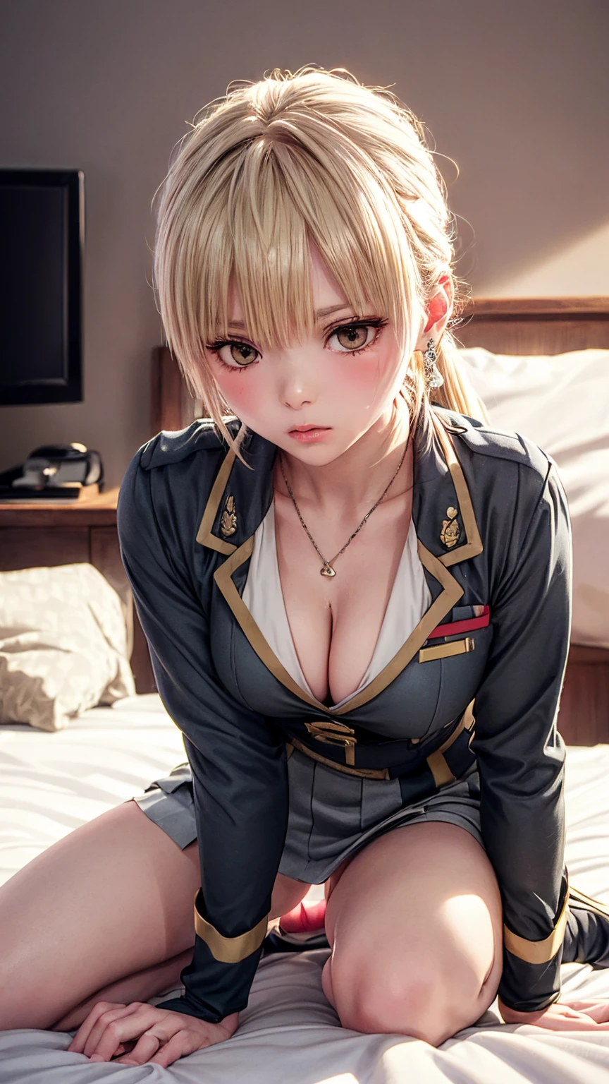 (masterpiece: 1.3), (Maximum resolution: 1.2), (Ultra HD TV: 1.2), Cinematic Light, 8K resolution, Detailed facial features , (Sharp focus: 1.2),Perfect Style, Beautiful Face, Acura, Anatomically correct, Highly detailed face and skin quality感, Beautiful Eyes,ThroughkBright Eyes, Natural Cheeks, Glowing Skin, (Glossy Lips: 1.4),、 (A shameful expression: 1.2),Highly detailed face and skin quality, Natural Cheeks, , Glossy Lips,Exposed cleavage、(White mucus on chest:1.6)(White mucus on thighs:1.6)、 blush、Humiliating、Exposed shorts、Wet underwear、shame、Please open your knees、Glaring at the camera、Spread your legs、、Sparkly little earrings and necklace、Disheveled clothes、stockings、Drenched in sweat、stockings 、Long Hair、32 years old, Clean woman,1 person、 first class cabin、On the bed(On my back, Lying down in bed, Lying down in bedいる, Lying down, White sheets:1.3)、blonde、Blonde、Blue-gray eyes、Green-gray eyes,(Miniskirt military uniform:1.4)、scarf、dissatisfaction、Masturbate、Beautiful nipples exposed、Soft Breasts、Healthy legs、Bare thighs、Sit with your knees up、Close one eye、Pinch and pull the cheekodel Body Type