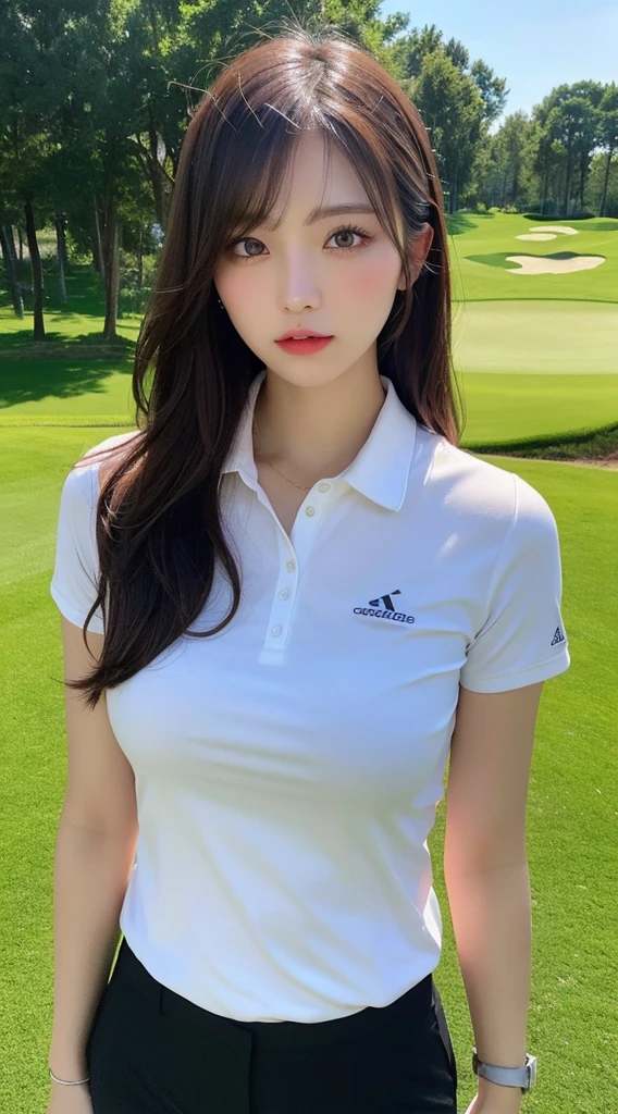 best quality, illustration, very detailed, in detail, highest resolution, 8K wallpapers, Complete dynamic configuration, beautiful detailed eyes,  natural lip, sexy golf clothes , big bust, split, random sexy poses, whole body