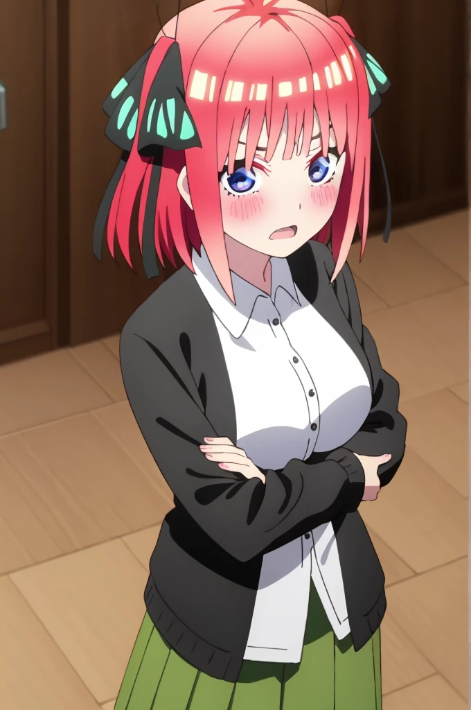 ((best quality)),((highly detailed)),masterpiece,absurdities,detailed face,beautiful face,(detailed eyes, deep eyes),1,((dynamic pose)) , Nino , pink hair, blue eyes, butterfly hair ornament, black ribbon, skirt, hair ornament, shirt, bangs, ribbon, green skirt, white shirt, black cardigan, cardigan, open clothing, open cardigan, blunt bangs, headband, , holding, breasts, pleated skirt, open mouth, V-shaped eyebrows, short hair, two pigtails, collared shirt, indoors, medium hair, blushing, alone, eyebrows hidden by hair, sleeves long, looking down shyly and blushing, two sides up, large breasts, dress shirt, shiny hair, standing, shiny, view to viewer, medium breasts