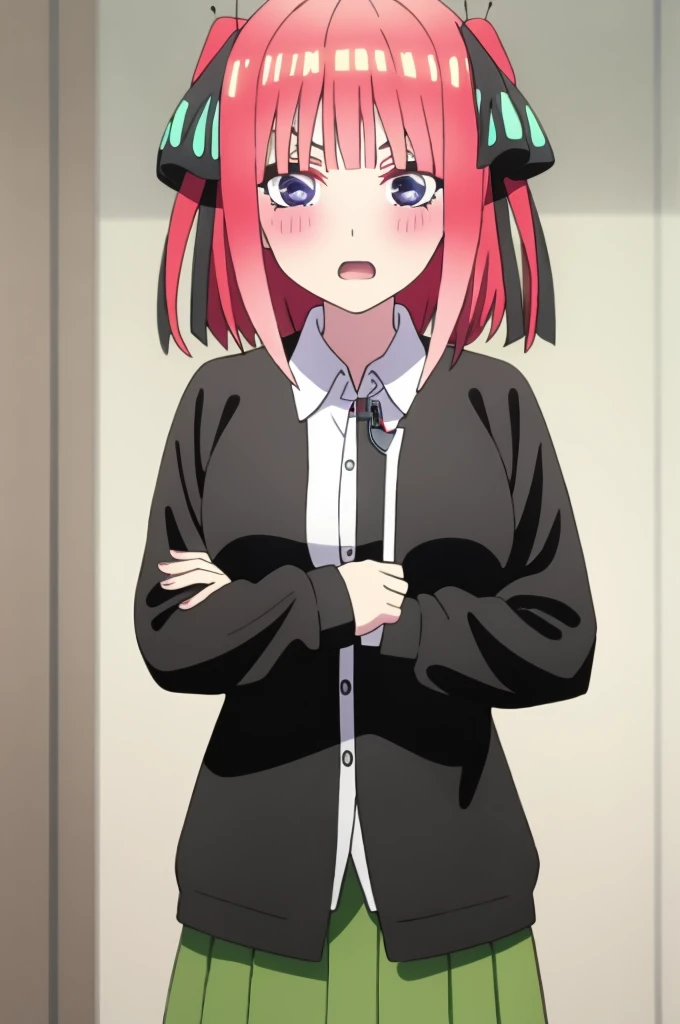 ((best quality)),((highly detailed)),masterpiece,absurdities,detailed face,beautiful face,(detailed eyes, deep eyes),1,((dynamic pose)) , Nino , pink hair, blue eyes, butterfly hair ornament, black ribbon, skirt, hair ornament, shirt, bangs, ribbon, green skirt, white shirt, black cardigan, cardigan, open clothing, open cardigan, blunt bangs, headband, , holding, breasts, pleated skirt, open mouth, V-shaped eyebrows, short hair, two pigtails, collared shirt, indoors, medium hair, blushing, alone, eyebrows hidden by hair, sleeves long, looking down shyly and blushing, two sides up, large breasts, dress shirt, shiny hair, standing, shiny, view to viewer, medium breasts