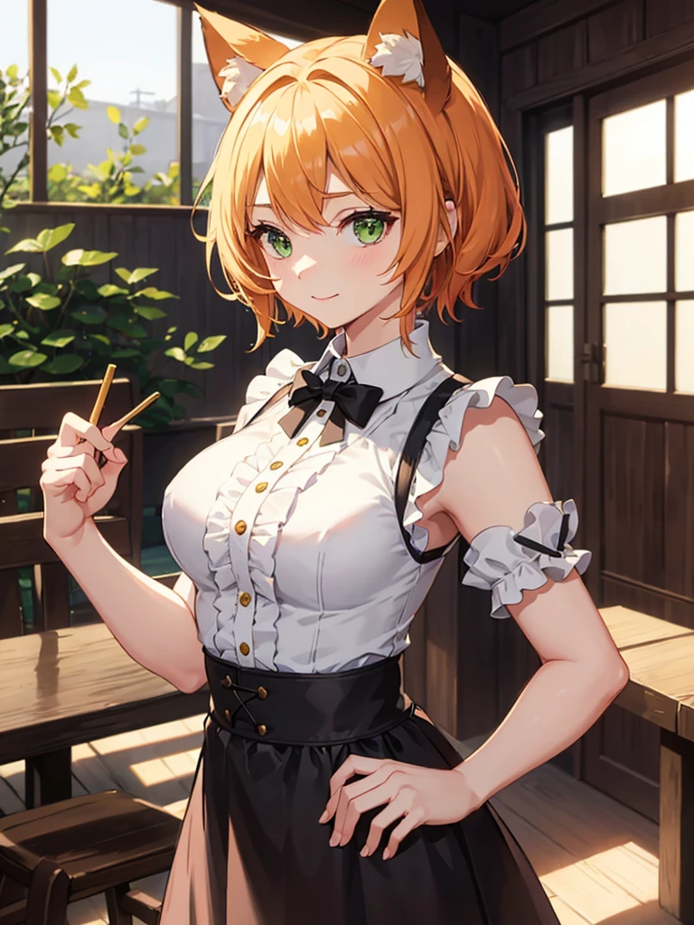 1short girl, loli, maid outfit, golden blonde short hair, red hair clip, green emerald eyes, cat ear, neko mimi, cute sweet smile, very very anime style, best quality, 4k, 8k, highres, masterpiece:1.2, ultra-detailed, HDR, UHD, studio lighting, ultra-fine painting, sharp focus, physically-based rendering, extreme detail description, professional, vivid colors, bokeh,