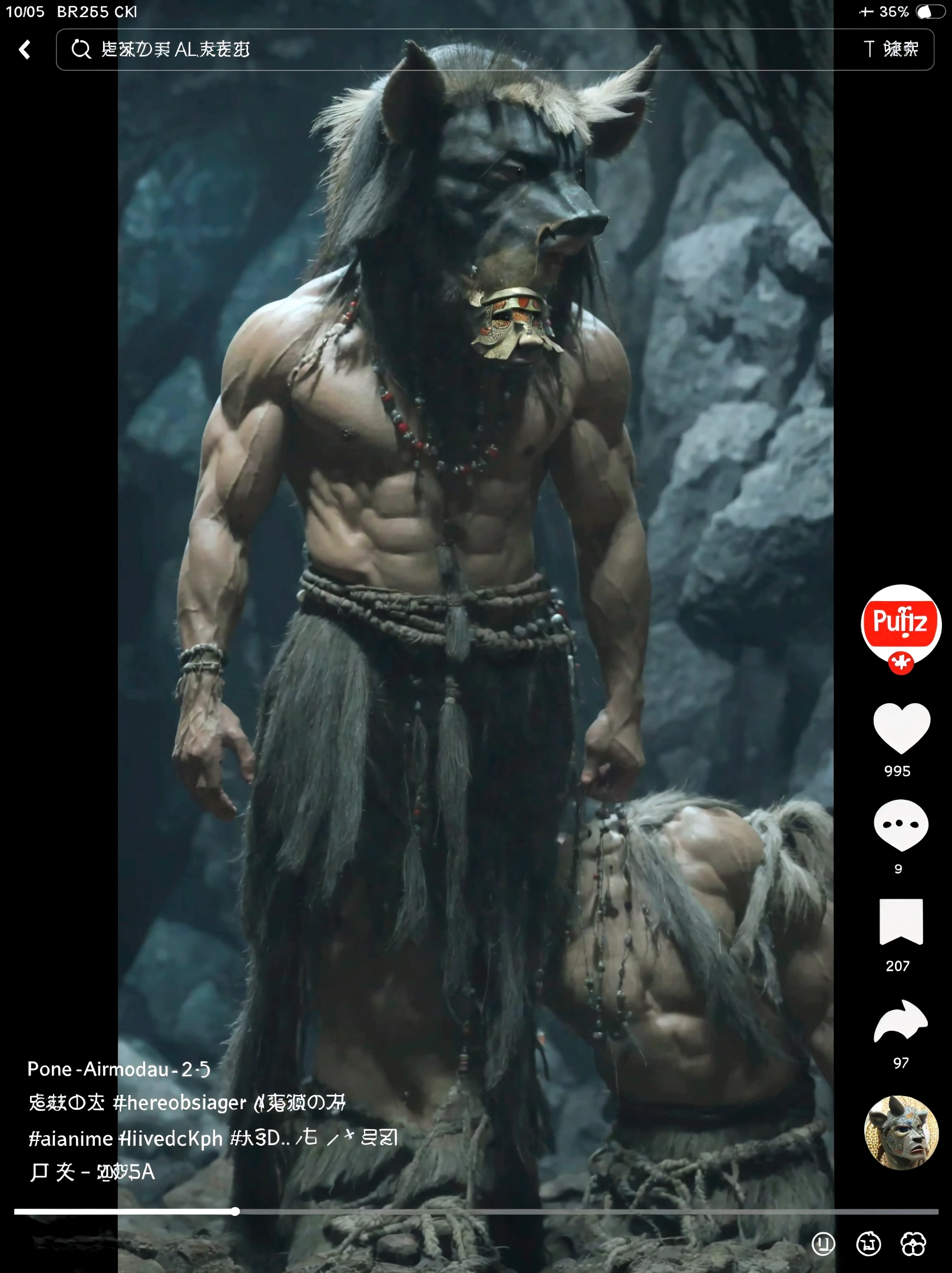 muscular man, boar head, mask, tribal clothing, loincloth, beads necklace, standing, cave background, rugged, realistic, full body
