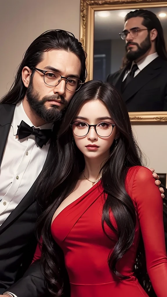 Cover for a mafia book. A young woman in a plain red dress, with long black half-wavy hair and glasses next to a handsome man in a black suit, with beard, serious, strong and tall. The couple will be in the background of an office.