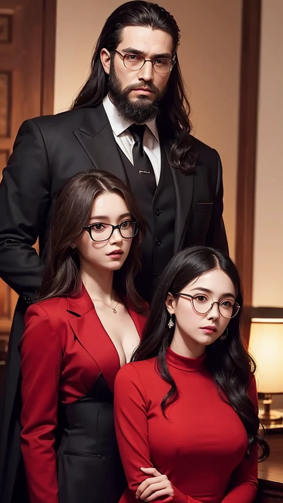 Cover for a mafia book. A young woman in a plain red dress, with long black half-wavy hair and glasses next to a handsome man in a black suit, with beard, serious, strong and tall. The couple will be in the background of an office.