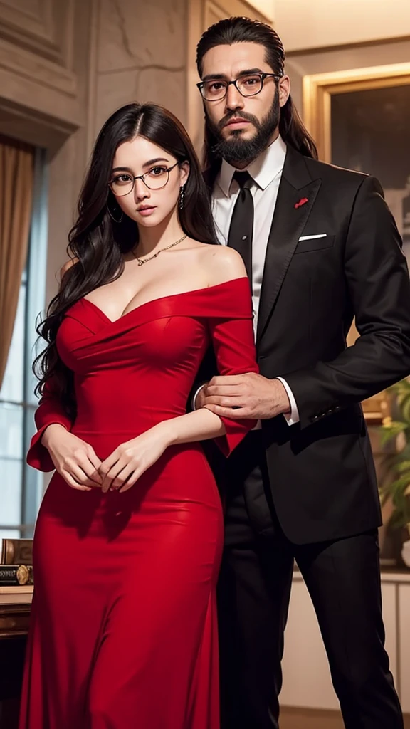 Cover for a mafia book. A young woman in a plain red dress, with long black half-wavy hair and glasses next to a handsome man in a black suit, with beard, serious, strong and tall. The couple will be in the background of an office.