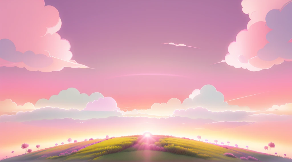 grassland，dusk，Pink and purple sky，Pink clouds，Light，黄绿色的grassland，3d，C4D，high quality，unmanned，